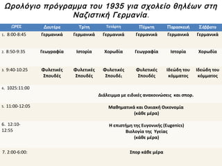 ► Ο Γιόζεφ Γκέμπελς υπουργός Δημόσιας
Διαφώτισης και Προπαγάνδας στη ναζιστική
Γερμανία (1935). Το Υπουργείο Προπαγάνδας έλεγχε
τον Τύπο, την τέχνη, το ραδιόφωνο, τη λογοτεχνία,
το θέατρο και τη μουσική. Οι ναζιστές αμέσως μόλις
πήραν την εξουσία στη Γερμανία απαγόρευσαν την
κυκλοφορία σε χιλιάδες εφημερίδες και περιοδικά.
◄ Η Λένι Ρίφενσταλ (1902–2003) στα γυρίσματα του
Ντοκιμαντέρ «O θρίαμβος της θέλησης». Ήταν η πιο
πετυχημένη προπαγανδιστική ταινία που γυρίστηκε
ποτέ για το ναζισμό. Η Ρίφενσταλ ήταν χορεύτρια
σκηνοθέτρια και Φωτογράφος. Έγινε όμως γνωστή
για τη στενή συνεργασία τη με το ναζιστικό
καθεστώς και το Χίτλερ.
 
