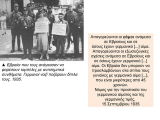 Ενάντια στους Εβραίους
Από τα τέλη του 19ου αιώνα σε πολλές ευρωπαϊκές χώρες υπήρχε έντονος
αντισημιτισμός. Όμως μόνο στη ναζιστική Γερμανία οδήγησε στη δολοφονία
Εβραίων.
Τους θεωρούσαν
υπεύθυνους
για τα πάντα:
για τον καπιταλισμό
και τον κομμουνισμό,
για
τη μοντέρνα τέχνη
ακόμη και για την
πορνογραφία
για την ήττα της
Γερμανίας στον
Α΄ Παγκόσμιο Πόλεμο
 