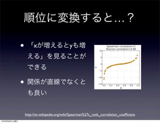 順位に変換すると…？

              • 「xが増えるとyも増
               える」を見ることが
               できる

              • 関係が直線でなくと
               も良い


              http://en.wikipedia.org/wiki/Spearman%27s_rank_correlation_coefﬁcient
12年6月30日土曜日
 