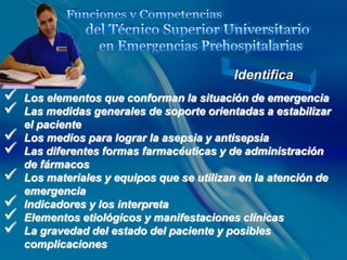 Identifica
   Los elementos que conforman la situación de emergencia
   Las medidas generales de soporte orientadas a estabilizar
    el paciente
   Los medios para lograr la asepsia y antisepsia
   Las diferentes formas farmacéuticas y de administración
    de fármacos
   Los materiales y equipos que se utilizan en la atención de
    emergencia
   Indicadores y los interpreta
   Elementos etiológicos y manifestaciones clínicas
   La gravedad del estado del paciente y posibles
    complicaciones
 