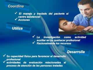 Coordina
          El manejo y traslado del paciente al
           centro asistencial
          Acciones

       Utiliza

                          La investigación como actividad
                           auxiliar en su quehacer profesional
                          Racionalmente los recursos


                                                     Desarrolla
 Su capacidad física para favorecer el desarrollo
  profesional
 actividades de evaluación relacionadas al
  proceso de atención de las personas tratadas
 