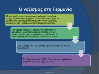 Ο λαδηζκός ζηε Γερκαλία
Με νπαδνύο από ηα θνηλσληθά ζηξώκαηα πνπ είραλ
πιεγεί πεξηζζόηεξν (αγξόηεο, κηθξναζηνί, άλεξγνη), ην
λαδηζηηθό θόκκα ηζρπξνπνηήζεθε ηελ ίδηα ζηηγκή πνπ
εληζρπόηαλ θαη ην Κνκκνπληζηηθό Κόκκα Γεξκαλίαο


     Μηα κεξίδα ηζρπξώλ Γεξκαλώλ θεθαιαηνύρσλ
     απνθάζηζε λα ππνζηεξίμεη ηνλ Χίηιεξ, γηα λα
     αληηκεησπίζεη ηνπο θνκκνπληζηέο, ειπίδνληαο όηη
     αξγόηεξα ζα απαιιαζζόηαλ εύθνια από απηόλ.



           ΢ηηο εθινγέο ηνπ 1932 νη λαδί ζπγθέληξσζαλ ην 37,4%
           ησλ ςήθσλ




                 Σνλ Ηαλνπάξην ηνπ 1933 ν Χίηιεξ έγηλε θαγθειάξηνο
                 (πξσζππνπξγόο) ηεο Γεξκαλίαο.



                                       ΢νθία Εεξβνύ
 