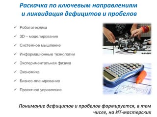 Раскачка по ключевым направлениям 
и ликвидация дефицитов и пробелов 
 Робототехника 
 3D – моделирование 
 Системное мышление 
 Информационные технологии 
 Экспериментальная физика 
 Экономика 
 Бизнес-планирование 
 Проектное управление 
Понимание дефицитов и пробелов формируется, в том 
числе, на ИТ-мастерских 
 