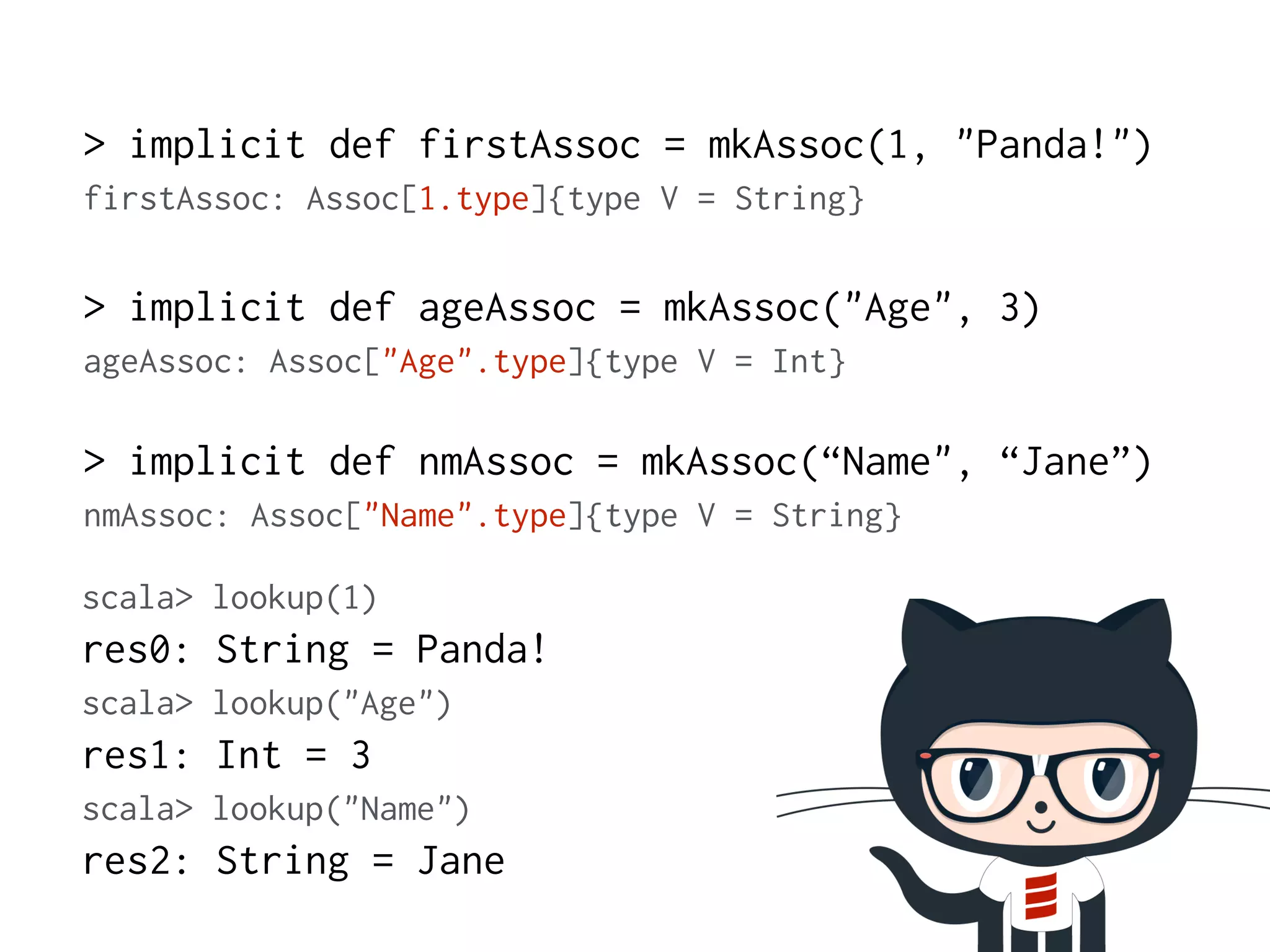 > implicit def firstAssoc = mkAssoc(1, "Panda!") 
firstAssoc: Assoc[1.type]{type V = String} 
! 
> implicit def ageAssoc = mkAssoc("Age", 3) 
ageAssoc: Assoc["Age".type]{type V = Int} 
! 
> implicit def nmAssoc = mkAssoc(“Name", “Jane”) 
nmAssoc: Assoc["Name".type]{type V = String} 
scala> lookup(1) 
res0: String = Panda! 
scala> lookup("Age") 
res1: Int = 3 
scala> lookup("Name") 
res2: String = Jane 
 