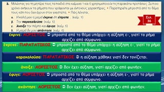 Σελ. 
36έκρινε: ΑΟΡΙΣΤΟΣμπροστά από το θέμα υπάρχει η αύξηση ε-, γιατί το ρήμα αρχίζει από σύμφωνο. έπρεπε: ΠΑΡΑΤΑΤΙΚΟΣμπροστά από το θέμα υπάρχει η αύξηση ε-, γιατί το ρήμα αρχίζει από σύμφωνο. παρακαλούσα: ΠΑΡΑΤΑΤΙΚΟΣη αύξηση χάθηκε γιατί δεν τονίζεται. άνοιξε: ΑΟΡΙΣΤΟΣδεν έχει αύξηση, γιατί αρχίζει από φωνήεν. έφυγε: ΑΟΡΙΣΤΟΣμπροστά από το θέμα υπάρχει η αύξηση ε-, γιατί το ρήμα αρχίζει από σύμφωνο. απάντησε: ΑΟΡΙΣΤΟΣδεν έχει αύξηση, γιατί αρχίζει από φωνήεν.  
