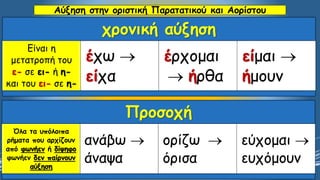 Αύξηση στην οριστική Παρατατικού και Αορίστουχρονική αύξηση 
Είναι η μετατροπή του ε-σε ει-ή η- και του ει-σε η- έχω  είχαέρχομαι ήρθαείμαι  ήμουνΠροσοχή 
Όλα τα υπόλοιπα ρήματα που αρχίζουν από φωνήενή δίψηφοφωνήεν δεν παίρνουν αύξηση 
ανάβω  άναψα 
ορίζω  όρισα 
εύχομαι  ευχόμουν  