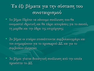 Τα έξι βήματα για την σύσταση τουΤα έξι βήματα για την σύσταση του
συνεταιρισμούσυνεταιρισμού
• 1ο βήμα: Πρέπει να κάνουμε συνέλευση που θα1ο βήμα: Πρέπει να κάνουμε συνέλευση που θα
ονομαστεί ιδρυτική και θα πάρει αποφάσεις για το σκοπό,ονομαστεί ιδρυτική και θα πάρει αποφάσεις για το σκοπό,
τη μερίδα και την έδρα της επιχείρησηςτη μερίδα και την έδρα της επιχείρησης
• 2ο βήμα: οι εταίροι επισκέπτονται συμβολαιογράφο και2ο βήμα: οι εταίροι επισκέπτονται συμβολαιογράφο και
τον ενημερώνουν για το προσωρινό ΔΣ και για τοτον ενημερώνουν για το προσωρινό ΔΣ και για το
συμβούλιο ελεγκτώνσυμβούλιο ελεγκτών
• 3ο βήμα: γίνεται διοικητική συνέλευση από την οποία3ο βήμα: γίνεται διοικητική συνέλευση από την οποία
προκύπτει το ΔΣπροκύπτει το ΔΣ
 