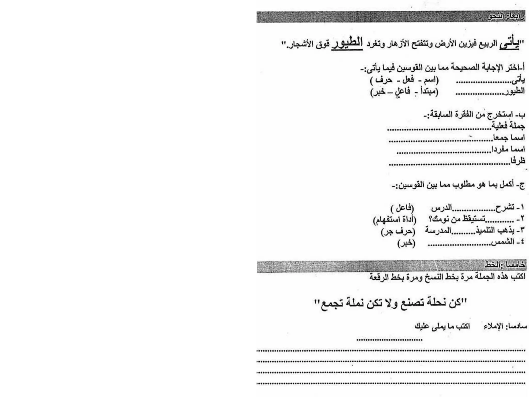 امتحانات المدارس فى اللغة العربية لآخر العام للصف الرابع الابتدائى 