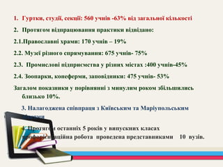 1. Гуртки, студії, секції: 560 учнів -63% від загальної кількості
2. Протягом відпрацювання практики відвідано:
2.1.Православні храми: 170 учнів – 19%
2.2. Музеї різного спрямування: 675 учнів- 75%
2.3. Промислові підприємства у різних містах :400 учнів-45%
2.4. Зоопарки, конеферми, заповідники: 475 учнів- 53%
Загалом показники у порівнянні з минулим роком збільшились
близько 10%.
3. Налагоджена співпраця з Київським та Маріупольським
ліцеями
4. Протягом останніх 5 років у випускних класах
профорієнтаційна робота проведена представниками 10 вузів.
 
