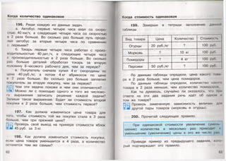 Когда количество одинаковое
196. Реши каждую из данных задач.
а. Автобус первые четыре часа ехал со скоро­
стью 40 км/ч, а следующие четыре часа со скоростью
в 2 раза больше. Во сколько раз больше путь проде­
лал автобус за вторые четыре часа по сравнению
с первыми?
б. Токарь первые четыре часа работал с произ­
водительностью 40 дет./ч, а следующие четыре часа
с производительностью в 2 раза больше. Во сколько
раз больше деталей обработал токарь за вторую
половину 8-часового рабочего дня, чем за первую?
в. Покупатель сначала купил 4 кг смородины по
цене 40 руб./кг, а потом 4 кг абрикосов по цене
в 2 раза больше. Во сколько раз больше заплатил
покупатель за вторую покупку, чем за первую?
Чем эти задачи похожи и чем они отличаются?
Можно ли с помощью одного и того же числово­
го выражения записать решение каждой задачи?
Запиши такое выражение. Будет ли стоимость второй
покупки в 2 раза больше, чем стоимость первой?
197. Как должна измениться цена товара для
того, чтобы стоимость той же покупки стала в 3 раза
больше, чем при прежней цене?
Щ Проверь свой вывод на примере стоимости яблок
45 руб. за 3 кг.
198. Как должна измениться стоимость покупки,
если цена товара уменьшится в 4 раза, а количество
останется тем же самым?
62
Когда стоимость одинаковая
199. Заверши в тетради заполнение данно
таблицы.
Вид товара Цена Количество Стоимость
Огурцы 20 руб./кг ? 100 руб.
Морковь ? 10 кг 100 руб.
Помидоры ? 4 кг 100 руб.
Персики 50 руб./кг ? 100 руб.
По данным таблицы определи, цена какого тонн
ра в 2 раза больше, чем цена помидоров.
По данным таблицы определи, количество какою
товара в 2 раза меньше, чем количество помидороп
Как ты думаешь, случайно ли оказалось, что при
ответе на эти два задания речь идёт об одном и
том же товаре?
!& ] Проверь замеченную зависимость величин для
зУю другой пары товаров (морковь и огурцы).
200. Прочитай следующее правило.
При одинаковой стоимости увеличение (умелп.
шение) количества в несколько раз приводи! к
уменьшению (увеличению) цены в это же число раз
Приведи пример из предыдущего задания, кою
рый подтверждает это правило.
63
 
