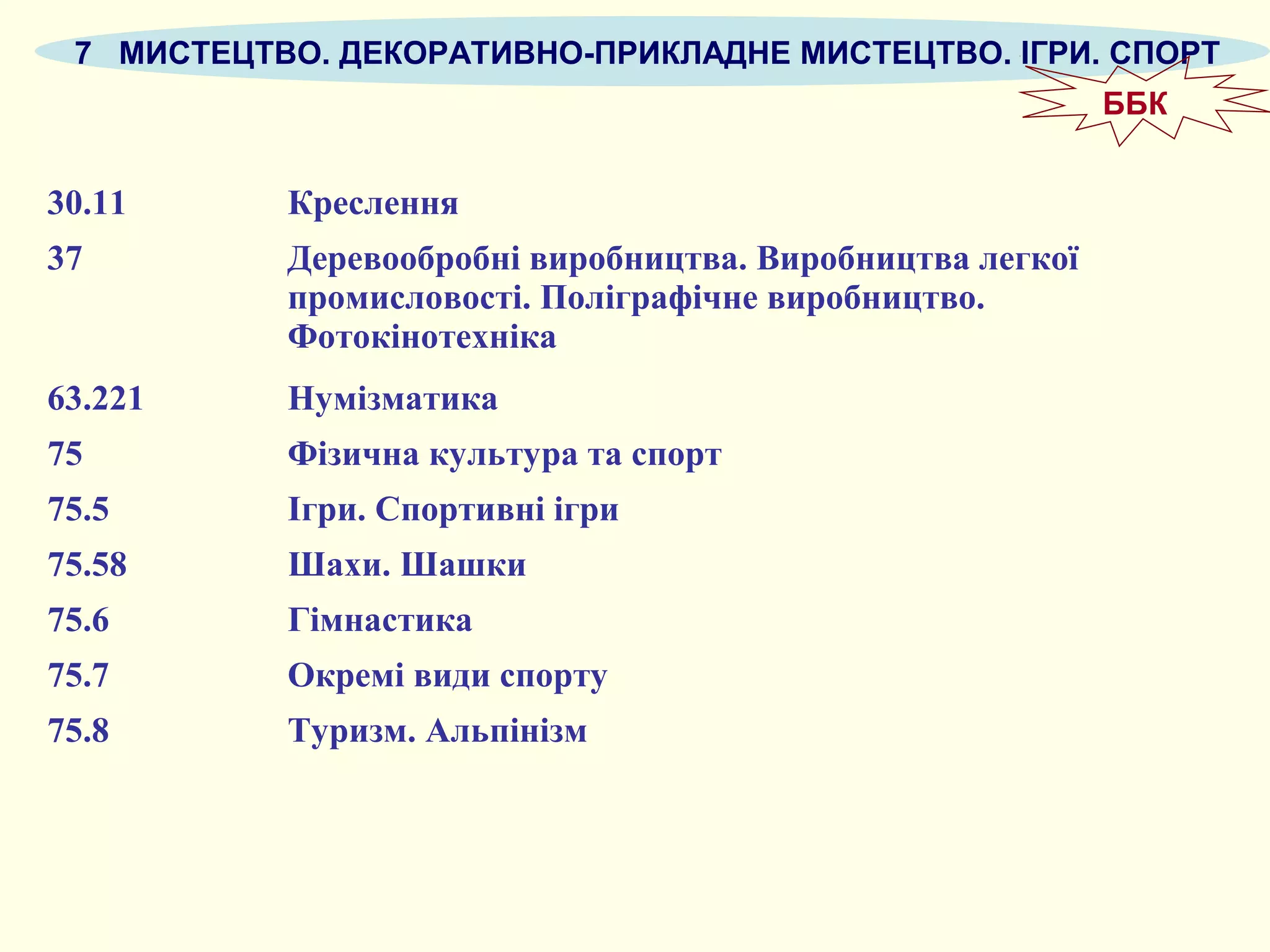 7 МИСТЕЦТВО. ДЕКОРАТИВНО-ПРИКЛАДНЕ МИСТЕЦТВО. ІГРИ. СПОРТ
30.11 Креслення
37 Деревообробні виробництва. Виробництва легкої
промисловості. Поліграфічне виробництво.
Фотокінотехніка
63.221 Нумізматика
75 Фізична культура та спорт
75.5 Ігри. Спортивні ігри
75.58 Шахи. Шашки
75.6 Гімнастика
75.7 Окремі види спорту
75.8 Туризм. Альпінізм
ББК
 