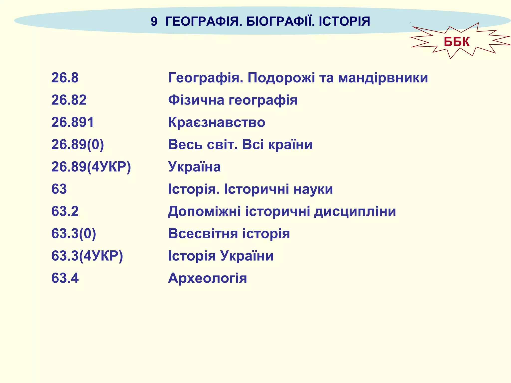 9 ГЕОГРАФІЯ. БІОГРАФІЇ. ІСТОРІЯ
26.8 Географія. Подорожі та мандірвники
26.82 Фізична географія
26.891 Краєзнавство
26.89(0) Весь світ. Всі країни
26.89(4УКР) Україна
63 Історія. Історичні науки
63.2 Допоміжні історичні дисципліни
63.3(0) Всесвітня історія
63.3(4УКР) Історія України
63.4 Археологія
ББК
 