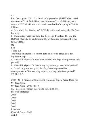 42.
For fiscal year 2011, Starbucks Corporation (SBUX) had total
revenues of $11.70 billion, net income of $1.25 billion, total
assets of $7.36 billion, and total shareholder’s equity of $4.38
billion.
a. Calculate the Starbucks’ ROE directly, and using the DuPont
Identity.
b. Comparing with the data for Peet’s in Problem 41, use the
DuPont Identity to understand the difference between the two
firms’ ROEs.
Q2
See
Table 2.5
showing financial statement data and stock price data for
Mydeco Corp.
a. How did Mydeco’s accounts receivable days change over this
period?
b. How did Mydeco’s inventory days change over this period?
c. Based on your analysis, has Mydeco improved its
management of its working capital during this time period?
TABLE 2.5
2009–2013 Financial Statement Data and Stock Price Data for
Mydeco Corp.
Mydeco Corp. 2009–2013
(All data as of fiscal year end; in $ million)
Income Statement
2009
2010
2011
2012
2013
Revenue
Cost of Goods Sold
404.3
 