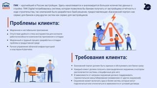 ПИК — крупнейший в России застройщик. Здесь накапливается и анализируется большое количество данных о
стройке. ПИК Digital потребовалась система, которая позволяла бы банкам получать от застройщика отчётность о
ходе строительства, так компанией было разработано SaaS-решение, предоставляющее «Банковский портал» как
сервис для банков и ряд других систем как сервис для застройщиков
Проблемы клиента:
Медленное и нестабильное приложение
Отсутствие удобного стека инструментов для контроля
работоспособности компонентов приложения и отладки
Медленный и трудный процесс разработки и отладки
проблем в продуктивной среде
Ручное управление облачной инфраструктурой
и кластером Kubernetes
Требования клиента:
Банковский портал должен быть единым и обслуживать все банки сразу
Каждый клиент должен получить свое выделенное окружение, в котором
располагаются системы, специфичные для него
В зависимости от нагрузки окружение должно поддерживать
горизонтальное масштабирование (независимо от других окружений).
Окружение может включать одну и более систем, которые могут
подключаться или отключаться в зависимости от условий договора
 