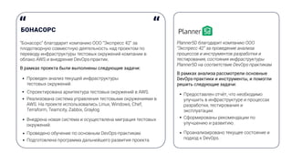 “Бонасорс” благодарит компанию ООО “Экспресс 42” за
плодотворную совместную деятельность над проектом по
переводу инфраструктуры тестовых окружений компании в
облако AWS и внедрение DevOps-практик.
В рамках проекта были выполнены следующие задачи:
Проведен анализ текущей инфраструктуры
тестовых окружений.
Спроектирована архитектура тестовых окружений в AWS.
Planner5D благодарит компанию ООО
“Экспресс 42” за проведение анализа
процессов и инструментов разработки и
тестирования, состояния инфраструктуры
Planner5D на соответствие DevOps-практикам
В рамках анализа рассмотрели основные
DevOps-практики и инструменты, и помогли
решить следующие задачи:
Предоставлен отчёт, что необходимо
улучшить в инфраструктуре и процессах
разработки, тестирования и
эксплуатации.
Реализована система управления тестовыми окружениями в
AWS. На проекте использовались Linux, Windows, Chef,
Terraform, Teamcity, Zabbix, Graylog.
Внедрена новая система и осуществлена миграция тестовых
окружений.
Проведено обучение по основным DevOps-практикам.
Подготовлена программа дальнейшего развития проекта
Сформированы рекомендации по
улучшению и развитию.
Проанализировано текущее состояние и
подход к DevOps.
 