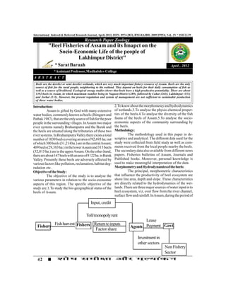 International Indexed & Referred Research Journal, April, 2012. ISSN- 0974-2832, RNI-RAJBIL 2009/29954; VoL. IV * ISSUE-39
                                         Research Paper Zoology
           "Beel Fisheries of Assam and its Imapct on the
               Socio-Economic Life of the people of
                        Lakhimpur District"
                * Sarat Baruah                                                                                  April , 2012
               * Assistant Professor, Madhabdev College
A B S T R A C T
 Beels are the derelict or semi derelict wetlands, which are very much important fishery resource of Assam. Beels are the only
 source of fish for the rural people, neighboring to the wetland. They depend on beels for their daily consumption of fish as
 well as a source of livelihood. Ecological energy studies shows that beels have a high productive potentiality. There are about
 1392 beels in Assam, in which maximum number being in Nagaon District (289), followed by Cahar (263); Lakhimpur (153)
 and Jorhat (131). However, the present regulation and system of management are not sufficient to sustainable production
 of these water bodies.

Introduction:                                                    2.To know about the morphometey and hydrodynamics
           Assam is gifted by God with many extensive            of wetlands.3.To analyse the physio-chemical proper-
water bodies, commonly known as beels (Jhingarn and              ties of the beels.4.To analyse the diversity of the fish
Pathak 1987), that are the only source of fish for the poor      fauna of the beels of Assam.5.To analyse the socio-
people in the surrounding villages. In Assam two major           economic aspects of the community surrounding by
river systems namely Brahamputra and the Barak and               the beels.
the beels are situated along the tributaries of these two        Methodology:
river systems. In Brahamputra Valley there exists a total                  The methodology used in this paper in de-
number of 1030 beels covering an area of 92,693 ha; out          scriptive and analytical. The different data used for the
of which 300 beels (31,214 ha.) are in the central Assam;        study were collected from field study as well as com-
409 beels (29,383 ha.) in the lower Assam and 315 beels          ments received from the local people nearby the beels.
(32,015 ha.) are in the upper Assam. On the other hand,          The secondary data also available from different news
there are about 167 beels with an area of 8122 ha. in Barak      papers. Fisheries bulletins of Assam, Journals and
Valley. Presently these beels are adversely affected by          Published books. Moreover, personal knowledge is
various factors like pollution, reclamation, habitat deg-        used to make meaningful interpretation of the data.
radation etc.                                                    Morphometry and Hydrodynamics of the beels:
Objective of the Study:                                                    The principal, morphometric characteristics
           The objective of the study is to analyse the          that influence the productivity of beel ecosystem are
various parameters in relation to the socio-economic             shore line area, depth and slope. These characteristics
aspects of this region. The specific objective of the            are directly related to the hydrodynamics of the wet-
study are:1.To study the bio-geographical status of the          lands. There are three major sources of water input in to
beels of Assam.                                                  beel ecosystem, viz, over flow from the river channel,
                                                                 surface flow and rainfall. In Assam, during the period of

                                              Input, credit

                                          Toll/monopoly rent
                                                                                     Lease
           Fish harvest Fishers Return to inputs
   Fishery                                                                    Agents Payment Govt.
                                 Factor share
                                                                                    Investment in
                                                                                    other sectors
                                                                                                           Non Fishery
                                                                                                           Sector
   42
 