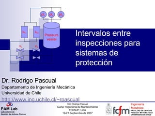 Intervalos entre inspecciones para sistemas de protección Dr. Rodrigo Pascual Departamento de Ingeniería Mecánica Universidad de Chile http://www.ing.uchile.cl/~rpascual Pressure vessel lu 1 lu 2 pt 1 pt 2 pt 3 v 1 v 2 