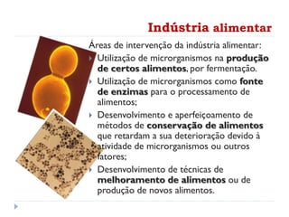 Indústria alimentar
Áreas de intervenção da indústria alimentar:
 Utilização de microrganismos na produção
de certos alimentos, por fermentação.
 Utilização de microrganismos como fonte
de enzimas para o processamento de
alimentos;
 Desenvolvimento e aperfeiçoamento de
métodos de conservação de alimentos
que retardam a sua deterioração devido à
atividade de microrganismos ou outros
fatores;
 Desenvolvimento de técnicas de
melhoramento de alimentos ou de
produção de novos alimentos.
 