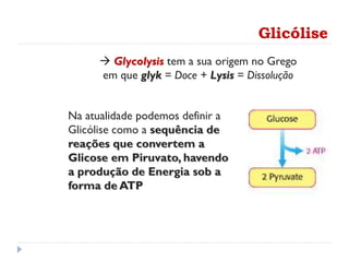 Glicólise
 Glycolysis tem a sua origem no Grego
em que glyk = Doce + Lysis = Dissolução
Na atualidade podemos definir a
Glicólise como a sequência de
reações que convertem a
Glicose em Piruvato, havendo
a produção de Energia sob a
forma de ATP
 