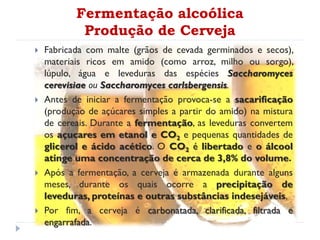 Fermentação alcoólica
Produção de Cerveja
 Fabricada com malte (grãos de cevada germinados e secos),
materiais ricos em amido (como arroz, milho ou sorgo),
lúpulo, água e leveduras das espécies Saccharomyces
cerevisiae ou Saccharomyces carlsbergensis.
 Antes de iniciar a fermentação provoca-se a sacarificação
(produção de açúcares simples a partir do amido) na mistura
de cereais. Durante a fermentação, as leveduras convertem
os açucares em etanol e CO2 e pequenas quantidades de
glicerol e ácido acético. O CO2 é libertado e o álcool
atinge uma concentração de cerca de 3,8% do volume.
 Após a fermentação, a cerveja é armazenada durante alguns
meses, durante os quais ocorre a precipitação de
leveduras, proteínas e outras substâncias indesejáveis.
 Por fim, a cerveja é carbonatada, clarificada, filtrada e
engarrafada.
 