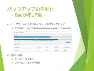 バックアップの自動化
- BackWPUP編 -
 データベースとファイル／フォルダのバックアップ
 デフォルト：wp-content/uploads/backwpup-◯◯-backups/
 復元は手動
 データベースを復元
 ファイル／フォルダの復元
 