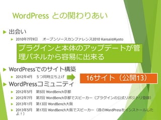 WordPress との関わりあい
 出会い
 2010年7月9日 オープンソースカンファレンス2010 Kansai@Kyoto
 WordPressでのサイト構築
 2012年4月 ５つ同時立ち上げ
 WordPressコミュニティ
 2012年5月 第5回 WordBench京都
 2012年7月 第7回 WordBench京都でスピーカー（プラグインの公式リポジトリ登録）
 2013年1月 第13回 WordBench大阪
 2013年5月 第17回 WordBench大阪でスピーカー（昔のWordPressをインストールした
よ！）
プラグインと本体のアップデートが管
理パネルから容易に出来る
16サイト（公開13）
 