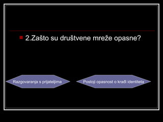    2.Zašto su društvene mreže opasne?




Razgovaranja s prijateljima   Postoji opasnost o krađi identiteta
 