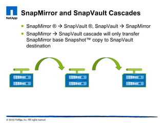 SnapMirror and SnapVault Cascades
 SnapMirror ®  SnapVault ®, SnapVault  SnapMirror
 SnapMirror  SnapVault cascade will only transfer
SnapMirror base Snapshot™ copy to SnapVault
destination
 