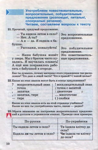 YnoTpe6nReM noaecTaoaaTenbHbte,
aonpocMTenbHble, no6yAMTenbHble
npeA/IO>KeHMR (p03nOBiAHi, nMT3nbHi,
cnoHyKanbHi pe~teHHR).
'iMTaeM, COCTaBnReM BOnpOCbl K TeKCTy
21.IlpOllHTaH, npH,D;YMaH npO,D;OJimeHHe.
- Tbi ea,ZJ;HJia JieToM B ceJio?
- HeT. ATbi?
- A sr - ,ZJ;a• .H ea,ZJ;HJia K 6a-
6ymKe.
- PaccKamH, rromany:HcTal
- Hama 6a6ymKa mHBeT
y oaepa. Mhl c 6paToM qacTo Ky-
IIaJIHCb• .fl HayqHJiaCb IIJiaBaTbl
A eiQe MHe rroHpaBHJIOCb pa6o-
TaTb c 6a6ymKo:H B oropo,ZJ;e.
STo BorrpocHTeJibHbie
rrpe,ZJ;JiomeHHSI.
STo rro6y,ZJ;HTeJibROe
rrpe,ZJ;JiomeHHe.
STo rroBeCTBOBaTeJib-
Hhle rrpe,ZJ;JiomeHHSI.
Kax Thl ,D;YMaem.D, notieMY MaTepHaJI SToro ynpamaeHH.R: TaK pacno-
Jiomea? 'tJTO ,D;aHO B JieBOH lJaCTH? 'tJTO B npaBOH? C KaKOH ~eJI.biO?
22.KaKHe H3 STHX 3HaKOB MOI'YT 6hiT.b B KOH~e npe,D;JIOmeHH.R:?
? BOIIpOCHTeJibHbiH 3HaK 1BOCKJIHII;aTeJibHbiH 3HaK
•
'
TOl!Ka
3aiiSITaSI
,- 3aiiSITaH, THpe
- THpe
v
; TOtU~a C3aiiSITOH
: ,ZJ;BOeTOl!He
•• • MHOrOTOl!He
() CK06KH
KaKHe H3 STHX aHaKoB ecT.D Ha STOH cTpaHH~e YtJe6HHKa?
KaKHe H3 HHX Thl ynoTpe6nnem.D tiacTo, KaKHe - P,e,D;Ko?
23.06paTH BHHMaHHe Ha llOCTpOeHHe BOnpOCHTeJI.bHhiX npe,D;JIOme-
~ HHH B pyCCKOM H yKpaHHCKOM .R:3hiKaX. JlpHBe,D;H CBOH npHMephi.
llo-pyccKH llo-yKpaHHCKH
Thl ea,ZJ;HJia JieToM B ceJio? TH l3,ZJ;HJia BJiiTKY ,ZJ;O
ceJia?
Ea,ZJ;HJia JIH TPI JieToM B ceJio? 'IH l3,ZJ;HJia TH BJiiTKY
,ZJ;O ceJia?
.
10 http://uchebniki.ucoz.ua
 