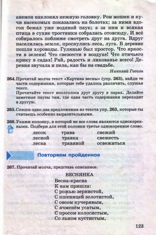 1
a.HeMoH HaKJIOHHJI HemHyiO roJIOBKy. PoH MomeK H KY-
qH HaCeKOMbiX IIOKa3aJIHCb Ha 60JIOTaX; aa HHMH B~O­
rOH 6emaJI yme BO~.HHOH nayK; a aa HHM H BC.HKa.H
n:THn;a B cyxHe TpocTHHKH co6paJiacb oToBCIO~Y. M Bee
co6HpaJIOCb no6JIHme CMOTpeTb ~pyr Ha ~pyra. B~pyr
HaceJIHJiacb aeMJI.s:, npocHyJIHCb Jieca, Jiyra. B ~epeBHe
IIOIDJIH XOpOBO~hl. l)rJI.HHbiO 6hiJI IIpOCTOp. qTO .HpKOC-
TH B aeJieHH! q TO CBemeCTH B B03AYXef q TO IITHtibero
KPHKY B c~ax! Pail, p~ocTb H JIHKoBaHbe Bcero! ,r(e-
peBHH 3BytJ:aJia H neJia, KaK 6hl Ha CB~b6e.
H UKO.n.au rozo.n.b
264.IIpottHTaH MOJitta TeKCT cKapTHHa BeCHhlt (ynp. 263), HaH~H Te
ttaCTH CO~epmaHHH, KOTOphle Te6e Y~aJIOC:b pa3JIHtiHT:b, CJiymaH
TeKCT.
IlpottHTaHTe TeKCT Bnonronoca ~pyr ~pyry B napax• .D;ena:HTe
aaMeTHhle nayahl TaM, r~e o~aa ttaCT:b co~epmaHHH nepexo~HT
B~pyry10.
265. CnHmH O~HO-~Ba npe~JIOmeHHH H3 TeKCTa ynp. 263, KOTOphle Thl
CtiHTaem:b OC06eHHO Bhlpa3HTeJI:bHhiMH.
266.'YKamH KOJIOHKY, B KOTOpOH He BCe CJIOBa SIBJIHIOTCSI O~HOKOpeH­
~ HhiMH. Ilo~6epH ~JISI 8TOH KOJIOHKH TpeT:be O~HOKOpeHHOO CJIOBO•
JieCOK
..JieCHOH
JiecKa
TpaBa
TpaBKa
TpaB.HHOH
..CBemHH
CBemeCTb
OCBemHTbCH
267. IlpOttHTaH MOJitta, npe~CTaB:b OfiHCaHHOe.
BECHHHKA
BecHa-KpacHa
K HaM npHmJia:
C PO'fbiO aepHHCTOH,
C rrmeHHD;eH 30JIOTHCTOH,
COBCOM Kyqep.HBbiM,
C HtiMeHeM ycaThiM,
e npOCOM KOJIOCHCTbiM,
Co JibHOM KYCTHCThiM,
123http://uchebniki.ucoz.ua
 