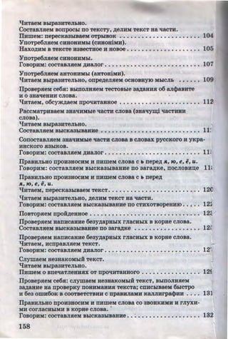 qnTaeM BblpaanTeJI:bHO.
CocTaBJISieM sonpocbl no TeKcTy, ~eJIHM TeKcT Ha l.laCTH.
IIHmeM: nepecKaabiBaeM oTphiBOK • • • • • • • • • • • • • • • • • • • • • • 104
YnoTpe6JISieM CHHOHHMhi (cnaoHiMH).
Haxo,n:nM B TeKcTe nasecTaoe H HOBoe ••••• o • • • • • • • • • • • • • • 105
YnoTpe6JISieM CHHOHHM:bl.
rosop:HM: COCTaBJISieM ~:HaJIOr ••••••••••••••••••••• o • • • • 107
YnoTpe6JISieM aHTOHHM:bl (aHTOH~Mn).
qHTaeM Bblpa3HTeJI:bHO, onpe~eJIHeM OCHOBHYIO M:biCJI:b •••• • • 109
IJposepSieM Ce6n:: BblllOJIHHeM TeCTOBble 3~aH:HH 06 aJitPaB:HTe
:H 0 3Ha'leH:H:H CJIOBa.
qnTaeM, o6cym~aeM npol.I:HTaHHoe ••••••••••••••••••• o • • 112
PaccMaTpnsaeM aaal.IHM:ble l.laCTH CJIOBa (aHa'ly~i l.lacTnHH
CJIOBa).
q:HTaeM Bblpa3:HTeJI:bHO. 1
C 111.OCTaBJISieM BhiCKa3:b1BaH:He • • • • • • • • • • • • • • • • • • • • • • • • • • •
ConocTaBJISieM aaattHMhle qacTn cJiosa B CJiosax pyccKoro H yKpa-
nHcKoro H3hiKOB.
rosop:HM: COCTaBJIHeM ,D;:HaJIOr ••••••• • o o o •••••••••••••••
IlpaBHJI:bHO npO:H3HOCHM H nHWeM CJIOBa C b nepe,n: R., 70, e, e, U.
rosopHM: COCTaBJIHeM BLICKa3blBaHHe no aara~Ke, llOCJIOBHil,e
IJpaB:HJI:bHO npOH3HOC:HM :H nnmeM CJIOBa C b nepe~
..R., 70, e, e, u.
qHTaeM, nepecKaabiBaeM TeKCT ••••••••••••••••••• o •••••
q:HTaeM BLipa3HTeJibHO, ,n:eJI:HM TeRCT Ha l.JaCT:H.
rosopHM: COCTaBJIHeM BLICKa3LIBaHHe nO CTHXOTBOpeH:HIO •••••
IIoBTOpHeM npoH~eHHoe . . . . . . . . . . . . . . . . . . . . . . . . . . . . . .
IJposepSieM HanHCaHHe 6eay~apHLIX rJiaCHLIX B KOpHe CJIOBa.
CocTaBJISieM BLICKaahiBaHHe no aar~Ke • • • • • • • • • • • • o o o • • •
IJposepSieM Han:HCB.HHe 6eay~apHLIX rJiaCHLIX B KOpHe CJIOBa.
q:HTaeM, :HcnpaBJIHeM TeKCT.
rosop:HM: COCTaBJISieM ,ZI;HaJIOr ••••••••••••••••••••••••••
CJiywaeM aeaaaKOMLIH TeKCT.
qHTaeM Bhlpa3HTeJibHO.
IlHmeM 0 Blle'laTJieHHSIX OT npOl.IHTaHHOrO o o o o o o o o ••• o • o o o
Ilposepn:eM ce6n:: CJiymaeM He3HaKOMLIH TeKCT, BLIUOJIHHeM
3~8.H:He Ha nposepKy nOHHMaHHSI TeKCTa; CUHCLIBaeM 6:biCTpO
H 6ea OmHOOK B COOTBeTCTBHH C npaBHJiaMH KaJIJIHrpatPHH o •••
IlpaB:HJI:bHO npOH3HOCHM H fiHWeM CJIOBa CO 3BOHKHMH H rJiyXH-
•
MH COrJiaCHLIMH B KOpBe CJIOBao
rosopHM: COCTaBJISieM BhiCKa3LIBaHHe • o •••• o.• o • o •• o •• o o o •
158
111
11:
12C
12~
12'
12!
131
132
'http://uchebniki.ucoz.ua
 
