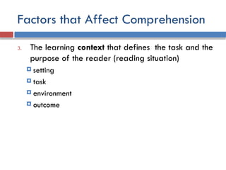 Factors that Affect Comprehension
3. The learning context that defines the task and the
purpose of the reader (reading situation)
 setting
 task
 environment
 outcome
 