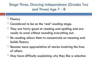 Stage Three. Growing Independence (Grades Two
and Three) Age 7 - 8
 Fluency
 Considered to be on the ‘real’ reading stage.
 They are fairly good at reading and spelling and are
ready to read without sounding everything out.
 Re-reading allows them to concentrate on meaning and
builds fluency
 Become more appreciative of stories involving the lives
of others
 May have difficulty explaining why they like a selection
 