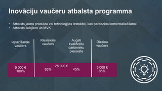 Iepazīšanās
vaučers
5 000 €
100%
Inovāciju vaučeru atbalsta programma
Augsti
kvalificētu
darbinieku
piesaiste
45%
Klasiska...