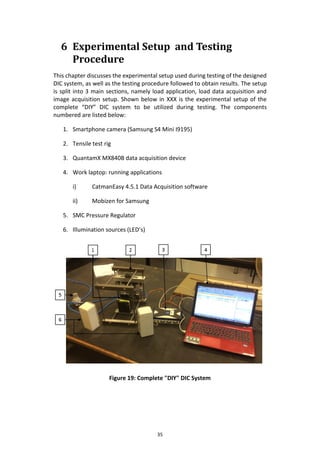 35
6 Experimental Setup and Testing
Procedure
This chapter discusses the experimental setup used during testing of the designed
DIC system, as well as the testing procedure followed to obtain results. The setup
is split into 3 main sections, namely load application, load data acquisition and
image acquisition setup. Shown below in XXX is the experimental setup of the
complete “DIY” DIC system to be utilized during testing. The components
numbered are listed below:
1. Smartphone camera (Samsung S4 Mini I9195)
2. Tensile test rig
3. QuantamX MX840B data acquisition device
4. Work laptop: running applications
i) CatmanEasy 4.5.1 Data Acquisition software
ii) Mobizen for Samsung
5. SMC Pressure Regulator
6. Illumination sources (LED’s)
Figure 19: Complete "DIY" DIC System
 