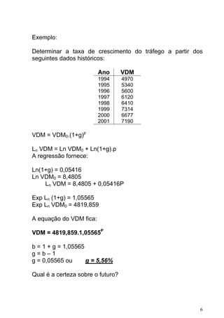 Exemplo:
Determinar a taxa de crescimento do tráfego a partir dos
seguintes dados históricos:
Ano VDM
1994 4970
1995 5340
1996 5600
1997 6120
1998 6410
1999 7314
2000 6677
2001 7190
VDM = VDM0.(1+g)p
Ln VDM = Ln VDM0 + Ln(1+g).p
A regressão fornece:
Ln(1+g) = 0,05416
Ln VDM0 = 8,4805
Ln VDM = 8,4805 + 0,05416P
Exp Ln (1+g) = 1,05565
Exp Ln VDM0 = 4819,859
A equação do VDM fica:
VDM = 4819,859.1,05565P
b = 1 + g = 1,05565
g = b – 1
g = 0,05565 ou g = 5,56%
Qual é a certeza sobre o futuro?
6
 