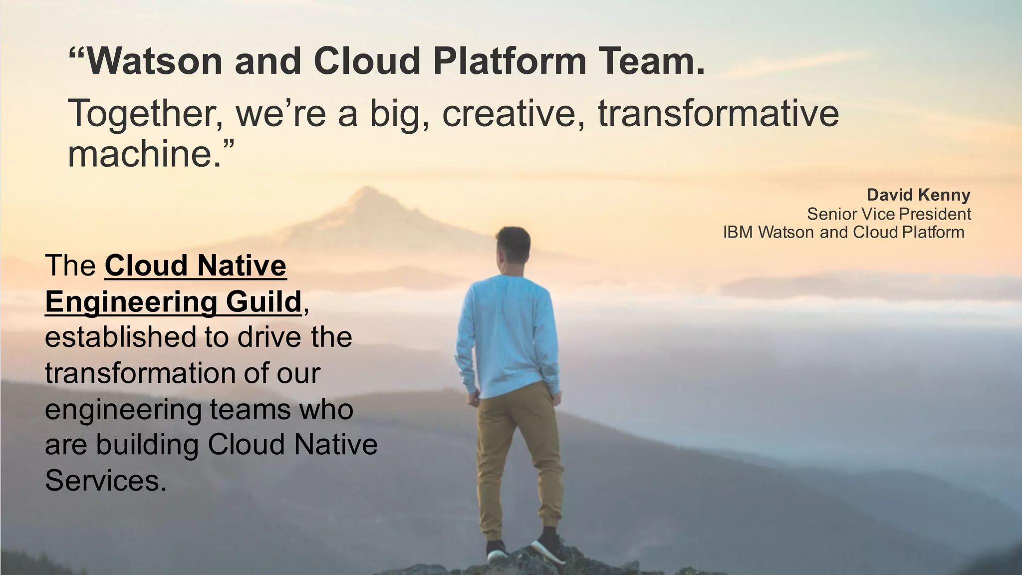 “Watson and Cloud Platform Team.
Together, we’re a big, creative, transformative
machine.”
David Kenny
Senior Vice President
IBM Watson and Cloud Platform
The Cloud Native
Engineering Guild,
established to drive the
transformation of our
engineering teams who
are building Cloud Native
Services.
 