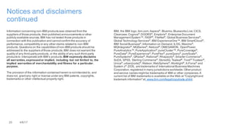 20 4/6/17
Notices and disclaimers
continued
Information concerning non-IBM products was obtained from the
suppliers of those products, their published announcements or other
publicly available sources.IBM has not tested those products in
connection with this publication and cannotconfirm the accuracy of
performance,compatibility or any other claims related to non-IBM
products. Questions on the capabilities ofnon-IBM products should be
addressed to the suppliers ofthose products.IBM does not warrant the
quality of any third-party products, or the ability of any such third-party
products to interoperate with IBM’s products.IBM expressly disclaims
all warranties,expressedor implied, including but not limited to, the
implied warranties of merchantability and fitness for a particular,
purpose.
The provision of the information contained herein is notintended to, and
does not, grantany right or license under any IBM patents, copyrights,
trademarks or other intellectual property right.
IBM, the IBM logo,ibm.com,Aspera®
, Bluemix,Blueworks Live,CICS,
Clearcase,Cognos®
,DOORS®
, Emptoris®
, Enterprise Document
ManagementSystem™, FASP®
, FileNet®
, Global Business Services®
,
Global Technology Services®
,IBM ExperienceOne™,IBM SmartCloud®
,
IBM Social Business®
,Information on Demand,ILOG, Maximo®
,
MQIntegrator®
, MQSeries®
, Netcool®
,OMEGAMON, OpenPower,
PureAnalytics™,PureApplication®
,pureCluster™,PureCoverage®
,
PureData®
,PureExperience®
,PureFlex®
,pureQuery®
,pureScale®
,
PureSystems®
, QRadar®
,Rational®
,Rhapsody®
,Smarter Commerce®
,
SoDA, SPSS, Sterling Commerce®
,StoredIQ, Tealeaf®
,Tivoli®
Trusteer®
,
Unica®
,urban{code}®
,Watson,WebSphere®
,Worklight®
,X-Force®
and
System z® Z/OS, are trademarks of International Business Machines
Corporation,registered in many jurisdictions worldwide.Other product
and service names mightbe trademarks of IBM or other companies.A
current list of IBM trademarks is available on the Web at "Copyrightand
trademark information"at: www.ibm.com/legal/copytrade.shtml.
 