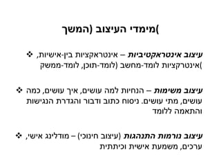 מימדי העיצוב  ( המשך ) עיצוב אינטראקטיביות  – אינטראקציות בין - אישיות ,  אינטרקציות לומד - מחשב  ( לומד - תוכן ,  לומד - ממשק ) עיצוב משימות  – הנחיות למה עושים ,  איך עושים ,  כמה עושים ,  מתי עושים .  ניסוח כתוב ודבור והגדרת הנגישות והתאמה ללומד  עיצוב נורמות התנהגות  ( עיצוב חינוכי ) –  מודלינג אישי ,  ערכים ,  משמעת אישית וכיתתית 