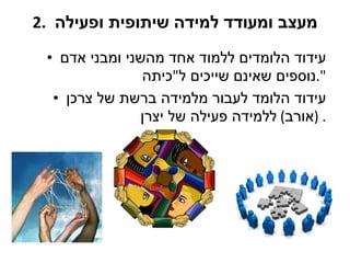 2.  מעצב ומעודד למידה שיתופית ופעילה  עידוד הלומדים ללמוד אחד מהשני ומבני אדם נוספים שאינם שייכים ל " כיתה ". עידוד הלומד לעבור מלמידה ברשת של צרכן  ( אורב )  ללמידה פעילה של יצרן .  