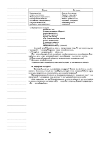 Можна Не можна
Саджати квіти;
охороняти рослини;
обгороджувати мурашники;
спостерігати за жабами;
милуватися красою природи;
підгодовувати птахів;
прибирати місце відпочинку
Ламати гілки дерев;
обдирати кору дерев;
рвати багато квітів;
збивати гриби ногами;
руйнувати павутиння;
ловити метеликів;
ловити жаб
4. Відгадування загадок
Восени не в’яне,
А взимку не вмирає. (Ялинка)
У зеленім кожушку,
В кістяній сорочечці
Я росту собі в ліску,
Всім зірвати хочеться. (Горіх)
У вінку зеленолистім,
У червоному намисті,
Видивляється у воду
На свою хорошу вроду. (Калина)
— Молодці, діти! Багато ви знаєте про рослини лісу. Та чи знаєте ви, що
у цьому лісі є господар? Зараз ми з ним познайомимось.
5. Зустріч із господарем лісу — лісником
Його розповідь про лісові володіння, про ідею створення заповідника «Вар-
варівська дача», про мешканців цього заповідника — плямистих оленів.
6. Подорож учнів разом із лісником до вольєра, де мешкають олені
7. Допомога дітей лісникові
Діти допомагають лісникові годувати оленів, носять до годівниць сіно і буряки.
III. Підсумок екскурсії
— Чи сподобалась вам сьогоднішня екскурсія? З якою професією ви ознайо­
мились? Можливо, хтось із вас у майбутньому мріє стати лісником? Жити серед
природи, щодня з нею спілкуватись, допомагати тваринам?
Ми щиро дякуємо лісникові за цікаву розповідь, за те, що дав нам змогу теж
відчути себе господарями лісу, допомогти нагодувати його улюбленців.
А на згадку про нас ми біля заповідника почепимо плакати, що виготовили
на уроках трудового навчання: «Ліс — наше багатство!», «Бережіть природу!»,
«Ліс — легені країни!».
12
 