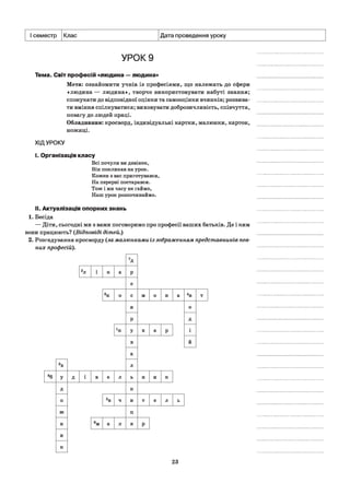 І семестр Клас Дата проведення уроку
УРОК 9
Тема. Світ професій «людина —людина»
Мета: ознайомити учнів із професіями, що належать до сфери
«людина— людина», творчо використовувати набуті знання;
спонукати до відповідної оцінки та самооцінки вчинків; розвива­
ти вміння спілкуватися; виховувати доброзичливість, співчуття,
повагу до людей праці.
Обладнання: кросворд, індивідуальні картки, малюнки, картон,
ножиці.
ХІДУРОКУ
і. Організація класу
Всі почули ви дзвінок,
Він покликав на урок.
Кожен з вас приготувався,
На перерві постарався.
Тож і ми часу не гаймо,
Наш урок розпочинаймо.
II. Актуалізація опорних знань
1. Бесіда
— Діти, сьогодні ми з вами поговоримо про професії ваших батьків. Де і ким
вони працюють? (Відповіді дітей.)
2. Розгадування кросворду (за малюнками із зображенням представників пев­
них професій).
‘ л і к а
м о н а
д 1 в е л н и к
т е л ь
н
и
к
’ м а л
23
 