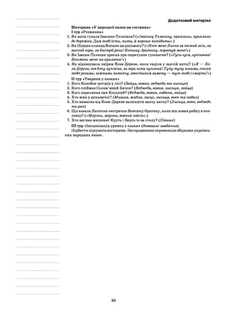 Додатковий матеріал
Вікторина «У народної казки на гостинах»
I тур «Розминка»
1. Як мати гукала Івасика-Телесика? («Івасику-Телесику, приплинь, приплинь
до бережка. Дам тобі їсти, пити, й хороше походити».)
2. Як Півник кликав Котика на допомогу? («Несе мене Лиска за темніїліси, за
високії гори, за бистріїріки! Котику, братику, порятуй мене!»)
3. Як Івасик-Телесик просив про порятунок гусеняток? («Гуси-гуси, гусенята!
Візьміть мене на крилята!»)
4. Як відказувала звірям Коза-Дереза, коли сиділа у заячій хатці? («Я — Ко-
за-Дереза, nie боку луплена, за три копи куплена! Тупу-тупу ногами, сколю
теберогами, ніжками затопчу, хвостиком замету — тут тобі і смерть!»)
II тур «Тварини у казках»
1. Кого Колобок зустрів у лісі? (Зайця, вовка, ведмедя та лисицю)
2. Кого спіймав Солом’яний Бичок? (Ведмедя, вовка, лисицю, зайця)
3. Кого перелякав пан Коцький? (Ведмедя, вовка, кабана, зайця)
4. Хто жив у рукавичці? (Мишка, жабка, заєць, лисиця, вовк та кабан)
5. Хто вимагав від Кози-Дерези залишити заячу хатку? (Лисиця, вовк, ведмідь
тарак)
6. Що казала Лисичка-сестричка Вовчику-братику, коли він ловив рибку в опо­
лонці? («Мерзни, мерзни, вовчий хвіст.».)
7. Хто вигнав мишенят Круть і Верть із-за столу? (Півник)
III тур «Інсценізація уривку з казки» (домашнє завдання)
Підбиття підсумків вікторини. Нагородження переможців збірками українсь­
ких народних казок.
36
 