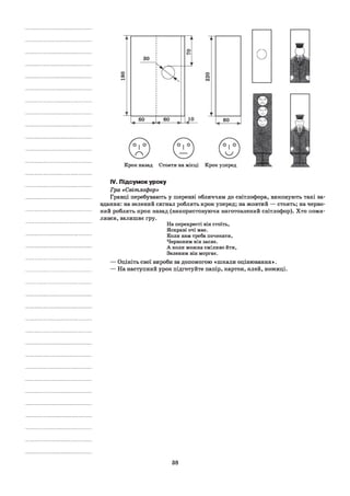 Г^у  —у
Крок назад Стояти на місці Крок уперед
О В
р і
IV. Підсумок уроку
Гра «Світлофор»
Гравці перебувають у шерензі обличчям до світлофора, виконують такі за­
вдання: на зелений сигнал роблять крок уперед; на жовтий — стоять; на черво­
ний роблять крок назад (використовуючи виготовлений світлофор). Хто поми­
лився, залишає гру.
На перехресті він стоїть,
Яскраві очі має.
Коли нам треба почекати,
Червоним він засяє.
А коли можна сміливо йти,
Зеленим він моргає.
— Оцініть свої вироби за допомогою «шкали оцінювання».
— На наступний урок підготуйте папір, картон, клей, ножиці.
38
 