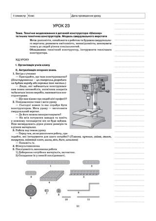 II семестр Клас Дата проведення уроку
УРОК 23
Тема. Технічне моделювання з деталей конструктора «Школяр»
та інших технічних конструкторів. Модель свердлильного верстата
Мета: розповісти, ознайомити з роботою та будовою свердлильно­
го верстата; розвивати кмітливість, винахідливість; виховувати
повагу до людей різних спеціальностей.
Обладнання: технічний кон структор, інструм енти технічного
конструктора.
ХІДУРОКУ
I. Організація учнів класу
II. Актуалізація опорних знань
1. Бесіда з учнями
— Пригадайте, що таке конструювання?
(Конструювання — це створення,розроблен­
ня будови виробу або окремих його частин.)
— Люди, які займаються конструюван­
ням нових автомобілів, космічних апаратів
та багатьох інших виробів, називаються кон­
структорами.
— Що вам відомо про людей цієї професії?
2. Повідомлення теми і мети уроку
— Сьогодні кожен із нас спробує бути
конструктором. Мета уроку — виготовити
свердлильний верстат.
— Де його можна використовувати?
— На всіх потужних заводах та навіть
у кожному господарстві він не буде зайвим.
Ним висвердлюють дірки різних розмірів та
в різних матеріалах.
3. Робота над темою уроку
— Перед тим, як ви розпочнете роботу, при­
гадайте, які інструменти для цього потрібні? (Планка, кутник, гайка, гвинт,
викрутка, гайковий ключ, шини, вісь, диск, шпилька)
— Покажіть їх.
4. Фізкультхвилинка
5. Послідовність виконання роботи
1) Добирання потрібних матеріалів, запчастин.
2) Складання їх у певній послідовності.
о о о о о о о о о о о о о о о о о о
/ О О & 0 О О & О & /
11
51
 