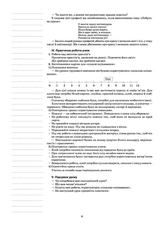 — Чи знаєте ви, з якими інструментами працює швачка?
З людьми цієї професії ми ознайомимось, коли вивчатимемо тему «Побуто­
ва праця».
У нашім парку квітникарка
Зростила тисячі квіток!
Якщо буває дуже жарко,
Ми в парк ідемо, в холодок.
Весела, рада квітникарка —
Розквітли квітоньки усії
— Багато людей різних професій дбають про красу і затишок міст і сіл, у тому
числі й квітникарі. Ми з вами дбатимемо про красу і затишок нашого класу.
IV. Практична робота учнів
1. Робота над змістом прислів’я
Прочитати прислів’я, написане на дошці. Пояснити його зміст.
Що зроблено наспіх, то зроблено насміх.
2. Виготовлення карток для «шкали оцінювання»
1) Пояснення вчителя.
— На уроках трудового навчання ми будемо користуватися «шкалою оціню­
вання».
Оля
0 1 2 3 4 5 6 7 8 9 10 11 12
— Для цієї шкали кожен із вас має виготовити картку зі своїм ім’ям. Для
цього нам потрібні білий картон, лінійка, простий олівець, клей, ножиці й шаб­
лони букв.
Спочатку обираємо шаблони букв, потрібні для написання особистого імені.
Хлопчики використовують кольоровий папір синього кольору, а дівчатка —
червоного. Обводимо шаблони букв на кольоровому папері й вирізаємо.
2) Повторення правил користування ножицями.
• Ножиці — це небезпечний інструмент. Поводитися з ними слід обережно.
• На робочому місці покладіть ножиці так, щоб вони не виходили за край
парти.
• Не тримайте ножиці вістрям догори.
• Не ріжте на ходу. Під час різання не підводьтеся з місця.
• Передавайте ножиці закритими і кільцями вперед.
• Під час роботи з ножицями притримуйте матеріал лівою рукою так, щоб він
не потрапляв на лінію різання.
— Накладаємо вирізані букви на основу (картон білого кольору), вирівню­
ємо їх і приклеюємо.
3) Повторення правил користування клеєм.
• Клей потрібно наносити пензликом від середини букв до країв.
• При потраплянні клею на одяг його слід негайно змити водою.
• Для притискання букв і витирання рук потрібно користуватися матер’яною
серветкою.
• Завершивши роботу, клей потрібно щільно закрити, пензлик і посуд помити.
4) Самостійна праця учнів.
Учитель за потреби надає індивідуальну допомогу.
V. Підсумок уроку
— Чи сподобався вам сьогоднішній урок?
— Що вам запам’яталося?
— Оцініть свої роботи, користуючись «шкалою оцінювання».
— На наступний урок принесіть пластилін.
6
 