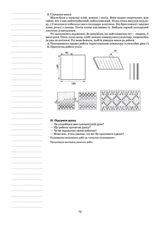 3 .Слухання казки
Жили-були у шухляді клей, ножиці і папір. Вони щодня сперечались між
собою, хто з них найпотрібніший, найголовніший. Якось хтось висунув шухля­
ду, і її мешканці побачили свого господаря-хлопчика. Він брав ножиці і вирізав
ними деталі з паперу. Потім клеєм наклеював їх. Вийшов гарний кольоровий
листочок із метеликом.
Усі залишились задоволені, бо зрозуміли, що найголовніша тут — людина, її
вмілі руки. Отож, коли папір, клей і ножиці повернулися у шухляду, сперечатись
їм уже не хотілося. Усі вони бажали, щоб їх швидше взяли до роботи.
4. Повторювання правил роботи користуванням ножицями і клеєм {див. урок 1
5. Практична робота учнів
10
IV.Підсумок уроку
— Чи сподобався вам сьогоднішній урок?
— Що робили протягом уроку?
— Чи ви задоволені своєю роботою?
— М ож ливо, хтось уваж ає, щ о міг би працювати кращ е?
Оцінювання виконаних робіт за «шкалою оцінювання».
Організація виставки дитячих робіт.
72
 