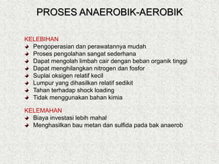 KELEBIHAN
Pengoperasian dan perawatannya mudah
Proses pengolahan sangat sederhana
Dapat mengolah limbah cair dengan beban organik tinggi
Dapat menghilangkan nitrogen dan fosfor
Suplai oksigen relatif kecil
Lumpur yang dihasilkan relatif sedikit
Tahan terhadap shock loading
Tidak menggunakan bahan kimia
KELEMAHAN
Biaya investasi lebih mahal
Menghasilkan bau metan dan sulfida pada bak anaerob
PROSES ANAEROBIK-AEROBIK
 