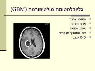 ‫גליובלסטומה מולטיפורמה )‪(GBM‬‬
                         ‫מאסה נצבעת‬     ‫‪‬‬
                          ‫מרכז נקרוטי‬   ‫‪‬‬
                          ‫אפקט מאסה‬     ‫‪‬‬
                  ‫דופו התהליך לא סדיר‬   ‫‪‬‬
                            ‫‪.D.D‬אבצס‬    ‫‪‬‬
 