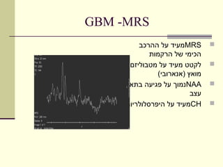 ‫‪GBM -MRS‬‬
         ‫‪MRS‬מעיד על ההרכב‬       ‫‪‬‬
             ‫הכימי של הרקמות‬
      ‫לקטט מעיד על מטבוליזם‬     ‫‪‬‬
               ‫מואץ )אנארובי(‬
     ‫‪NAA‬נמוך על פגיעה בתאי‬      ‫‪‬‬
                          ‫עצב‬
     ‫‪CH‬מעיד על היפרסלולריות‬     ‫‪‬‬
 